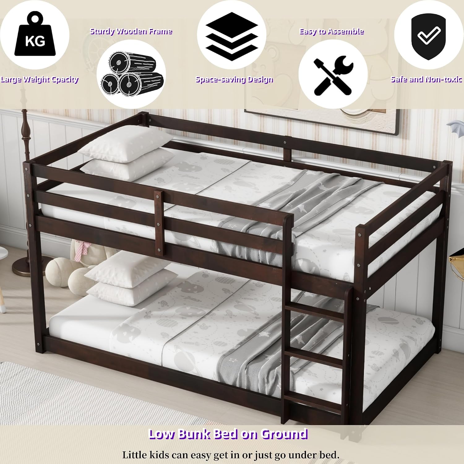 Bunk Bed Twin Over Twin, Floor Bunk Bed w Ladder, Safety Guard Rails, Heavy Duty Wooden Twin Bunk Beds Low Bunkbeds No Box Spring Required, Espresso