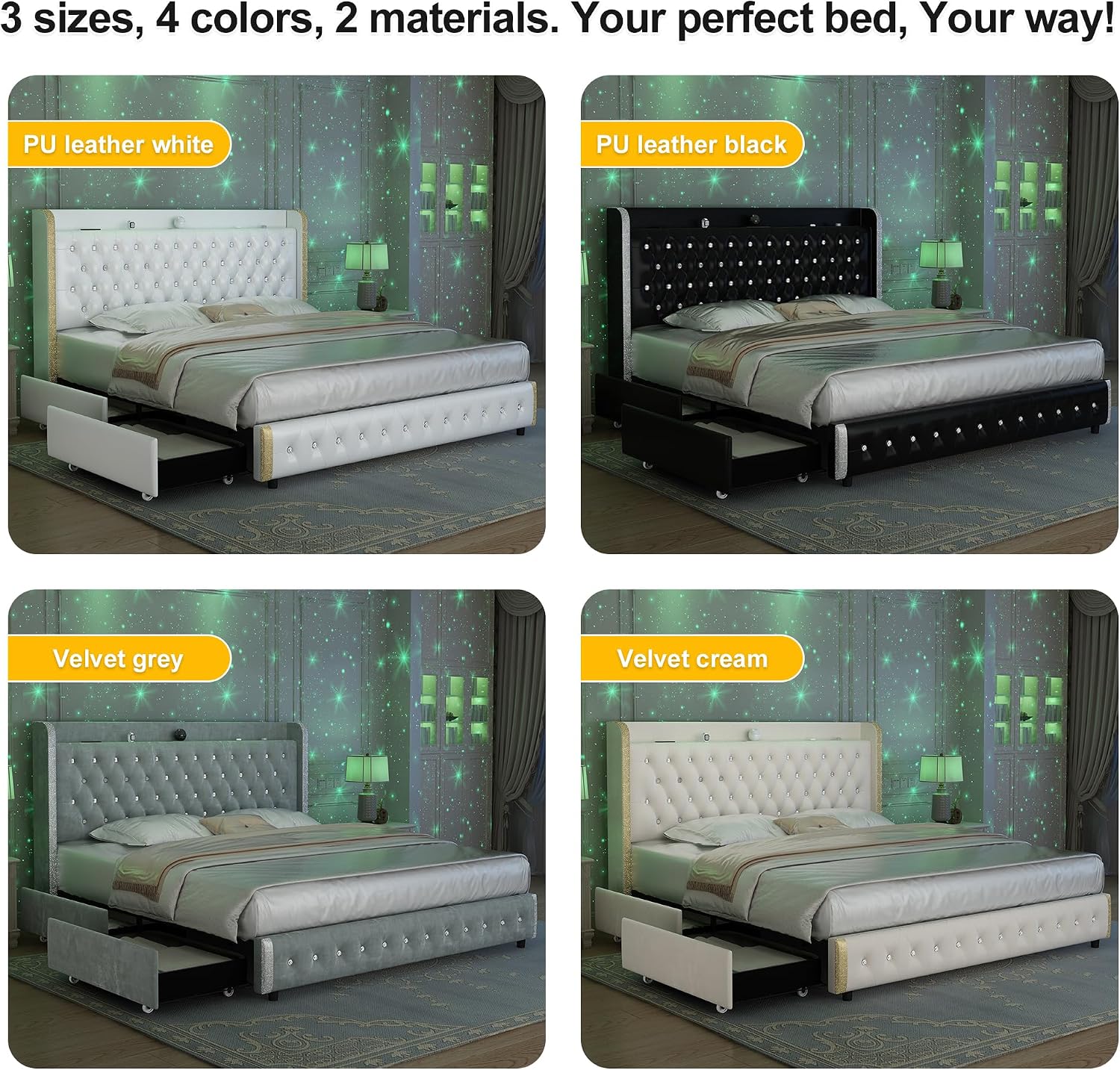 GEGOFORU King Bed Frame with LED Lights & Galaxy Projector, Modern Wingback Platform with 4 Storage Drawers, USB Ports, Noise-Free Solid Wood Slats, No Box Spring Needed, PU White