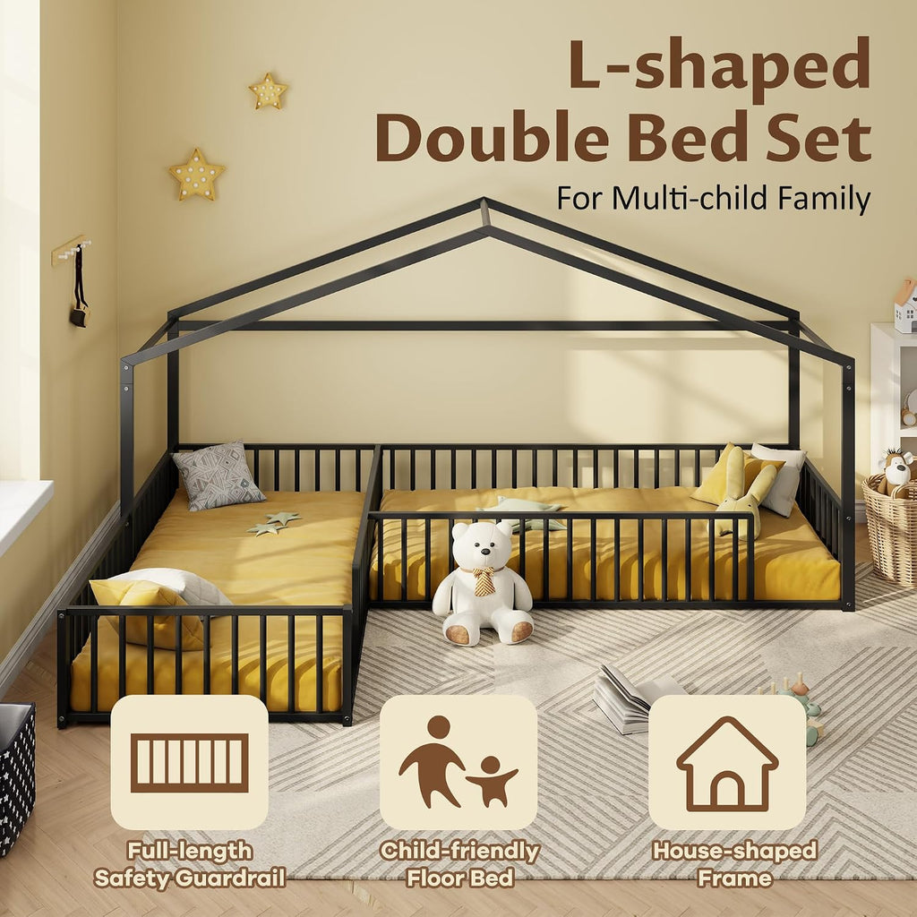 Double Twin Size L-Shaped Montessori Floor Bed Without Slats, Metal Corner House Bed Frame with Fence, Black