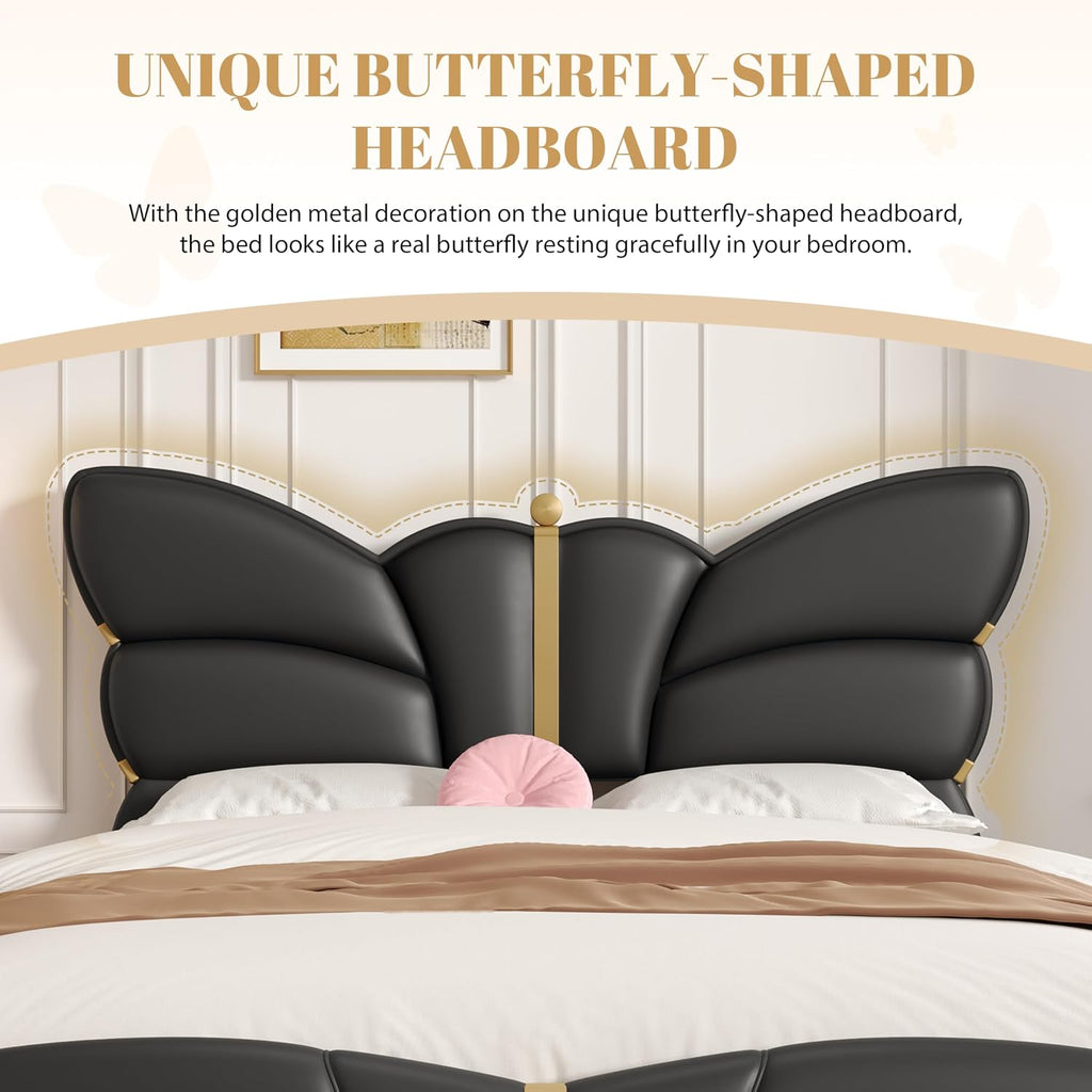 Merax PU Leather Upholstered Platform Bed with Butterfly Shaped Headboard and Footboard, Full Size Bed Frame for Bedroom, Solid Wood Slats Support, No Box Spring Needed, Easy Assembly, Black