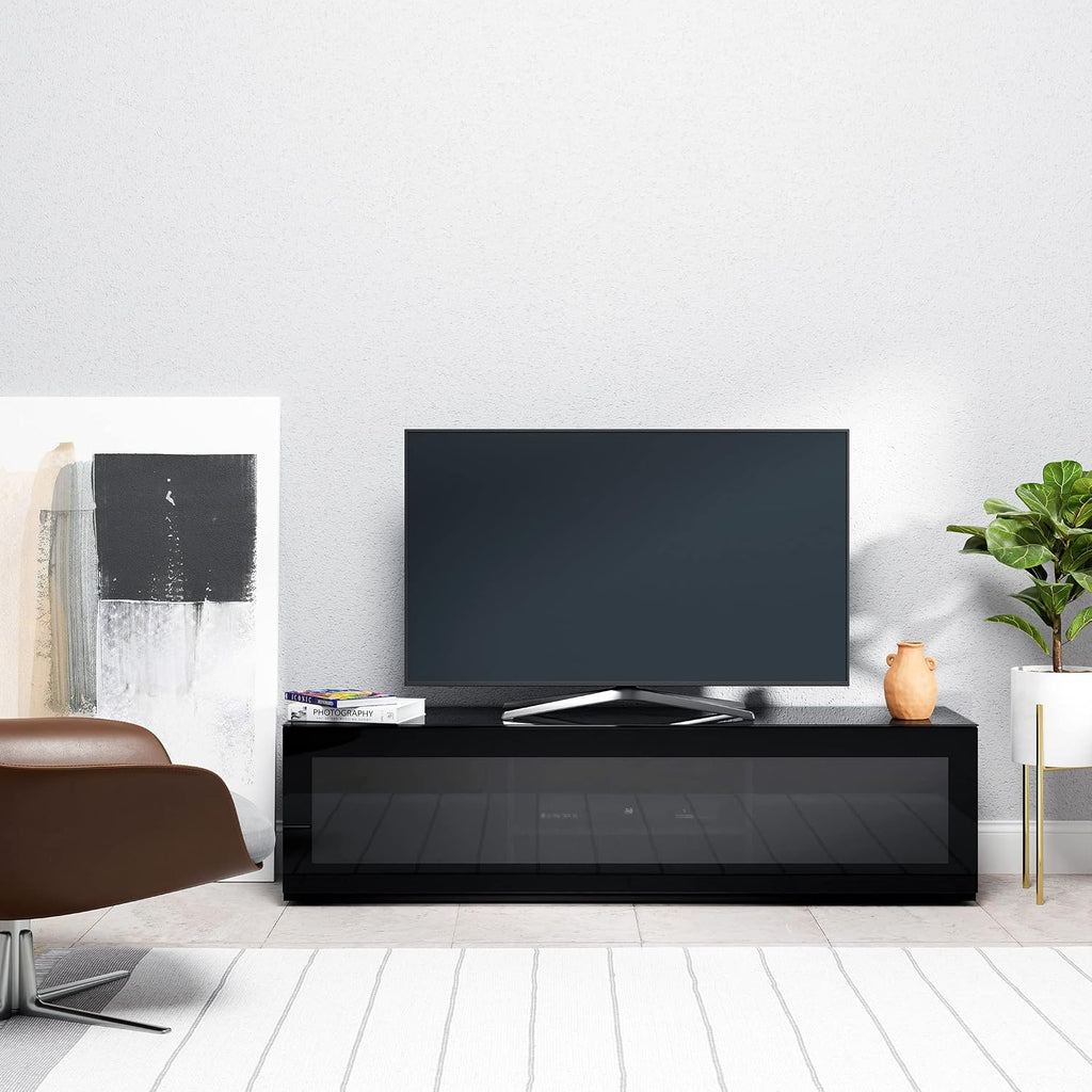 SONOROUS ST-160 Premium TV Stand with Black Glass Cover & Black Wood - Luxury Entertainment Center & Media Console for Living Room - High Gloss Modern TV Cabinet up to 75 Inches - Sleek Storage Design