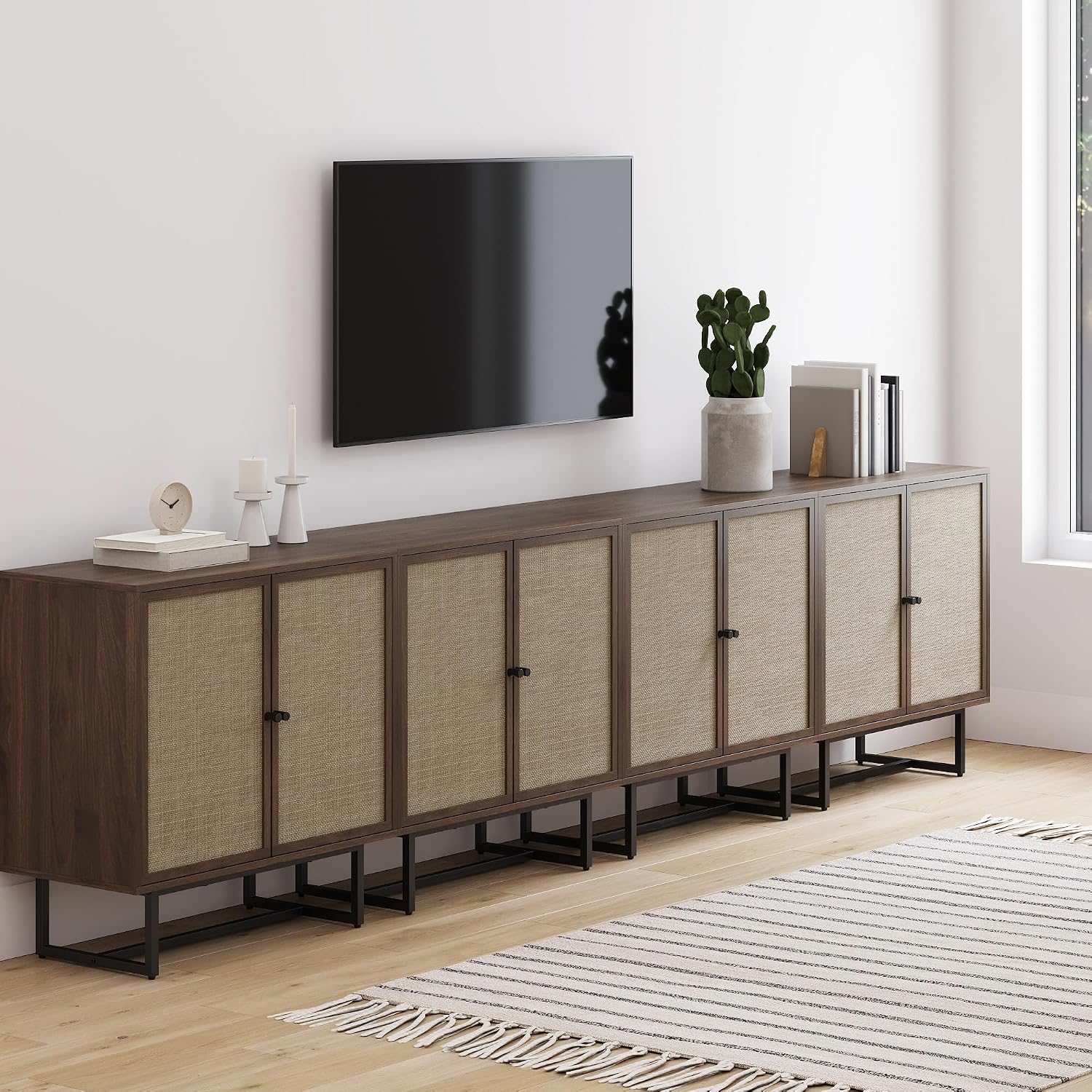 Nathan James Kova Bohemian Rattan Sideboard or TV Stand, Wooden Storage Cabinet with Doors, Walnut Sideboard Buffet or Rattan Accent Storage Cabinet with Matte Black Legs, Set of 4