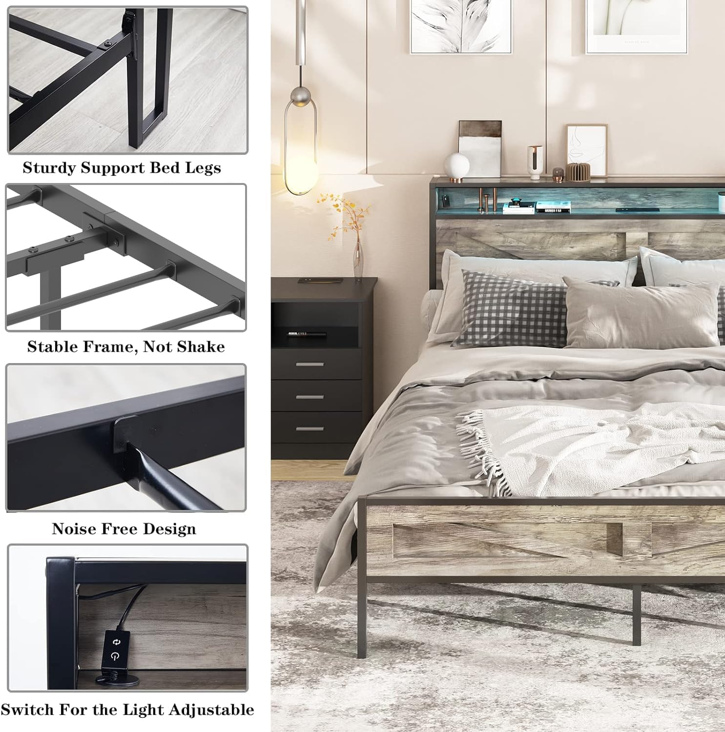 Halitaa LED Full Size Bed Frame with Charging Station, Platform Metal Bed with Headboard Storage & USB Ports Outlets, Farmhouse Bed Frame with Lights for Bedroom, Noise Free, Wash Grey (Full)
