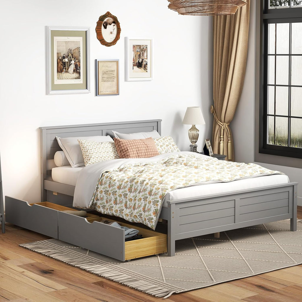 GOFLAME Full Size Bed Frame with 2 Drawers, Platform Bed with Solid Wood Headboard & Footboard, Wood Slats Support Mattress Foundation, Under Bed Storage, No Box Spring Needed, Easy Assembly, Grey