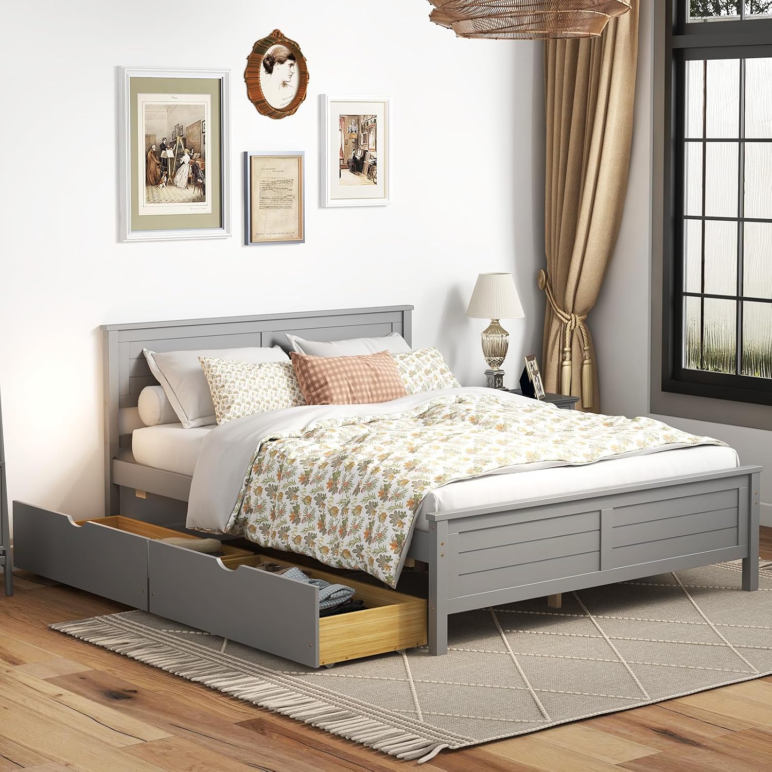 GOFLAME Full Size Bed Frame with 2 Drawers, Platform Bed with Solid Wood Headboard & Footboard, Wood Slats Support Mattress Foundation, Under Bed Storage, No Box Spring Needed, Easy Assembly, Grey