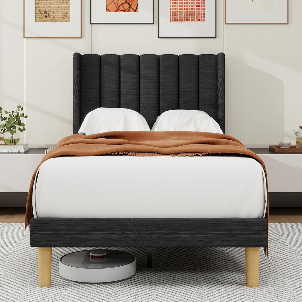 alazyhome Platform Bed Frame Twin Size with Upholstered Headboard, Solid Wood Slats Support, No Box Spring Needed, Noise Free, Easy Assembly, Modern Fabric Bed, Black