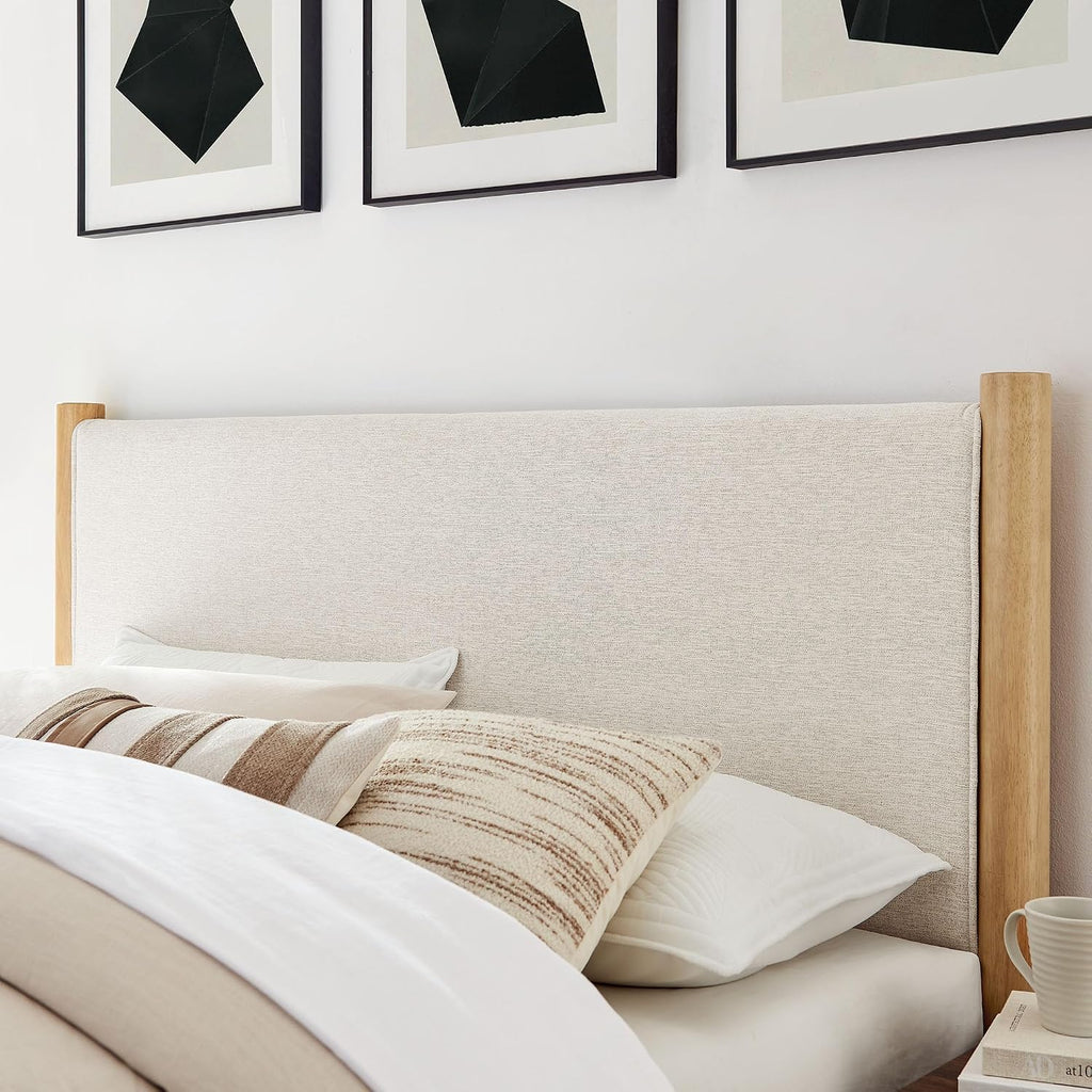 Modway Maven Full Bed Frame in Ivory Oak with Upholstered Fabric Headboard and Footboard – Wood Full Platform Bed Frame – No Box Spring Needed