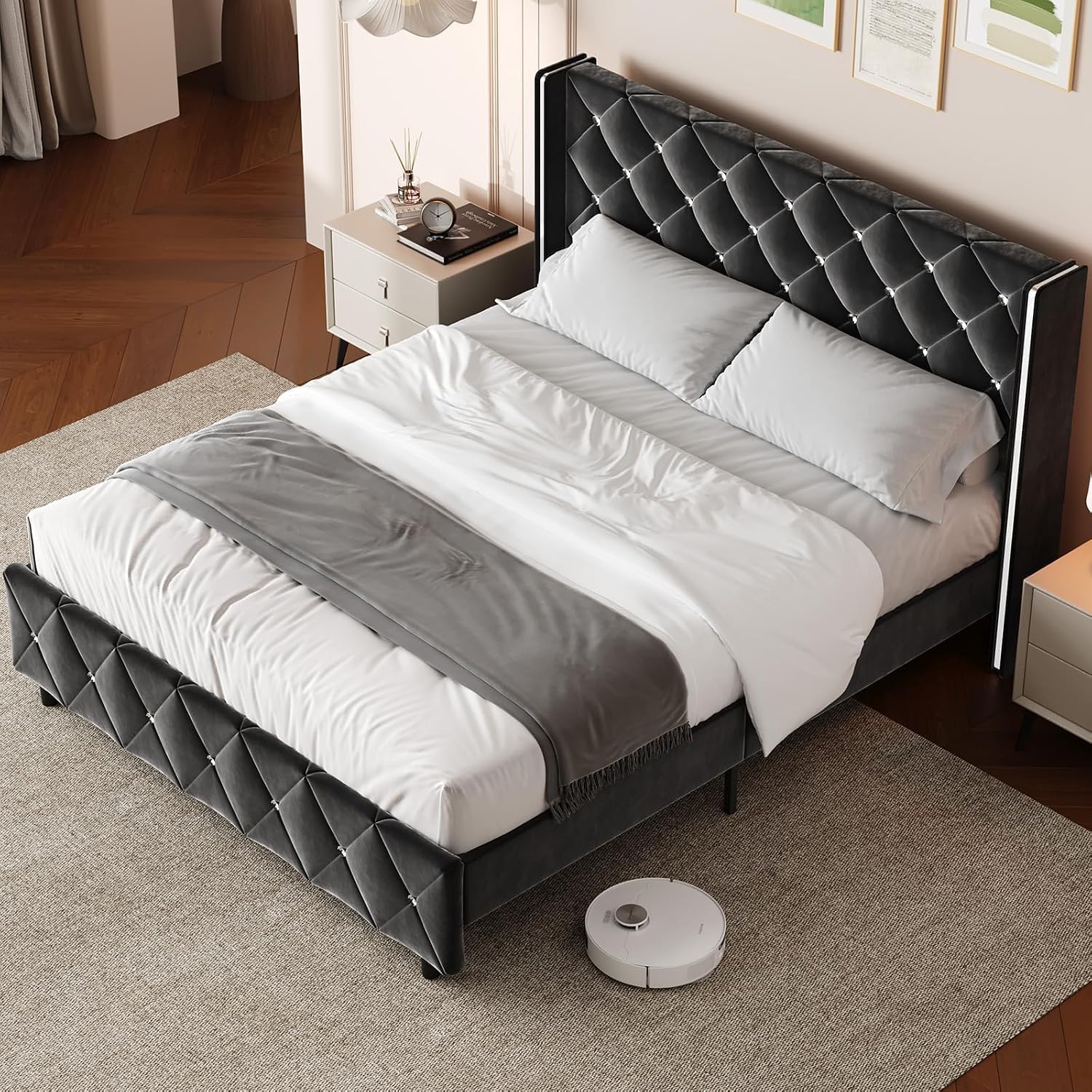 HOMBCK Full Size Bed Frame with Headboard, Velvet Upholstered Full Size Bed with Diamond Tufted Wingback Headboard, 800lbs Heavy Duty Support, Sliver Metal Edge Accents, No Box Spring Needed, Black