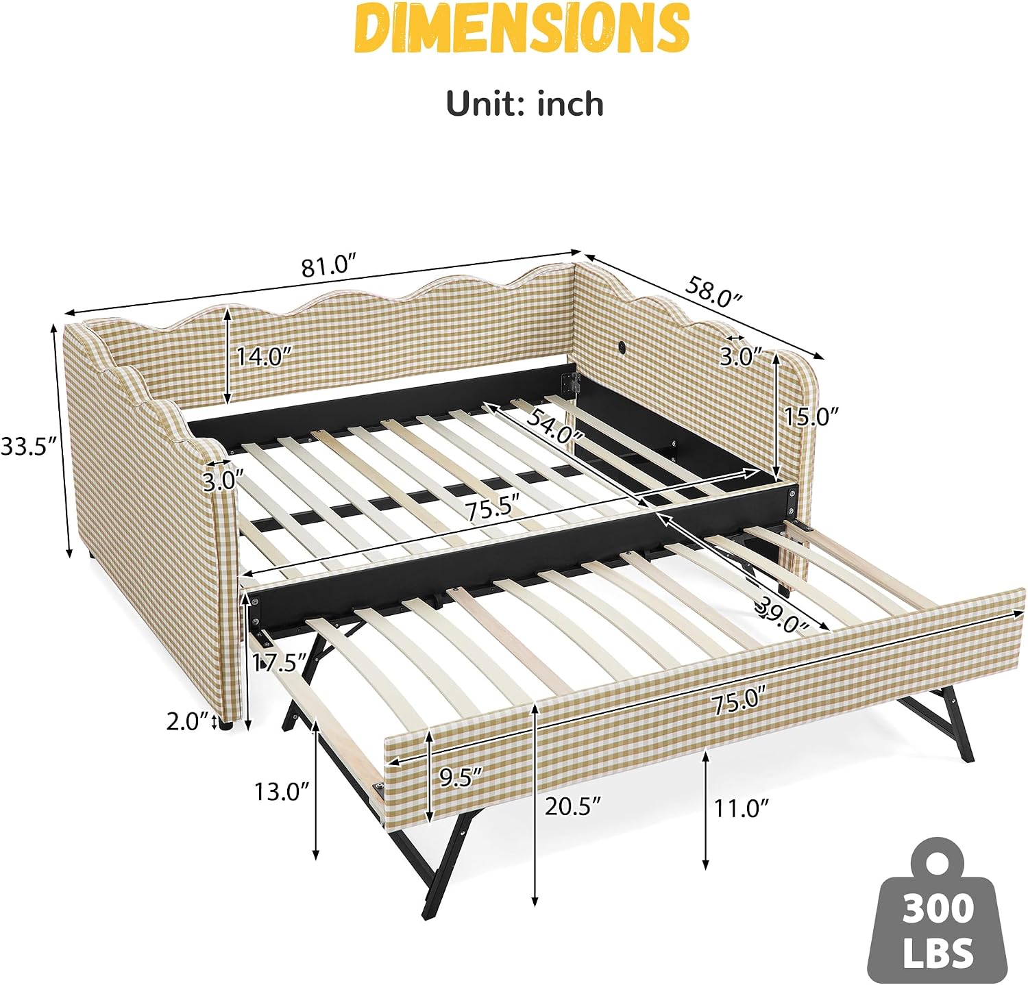 DEINPPA Full Size Upholstered Daybed with Trundle, Gingham Daybed with USB Ports for Bedroom Living Room Guest Room-Brown