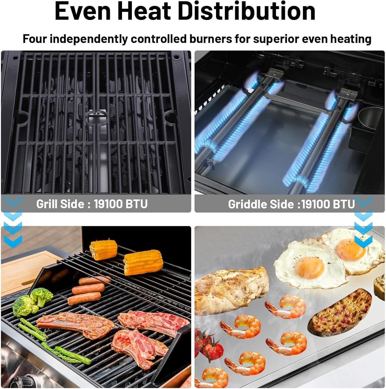 2-in-1 Propane Griddle Grill Combo 38200 BTU, 4-Burner Propane Gas Grill with 2 Foldable Side Tables for Outdoor Cooking Camping Patio Backyard (Grill + Griddle)