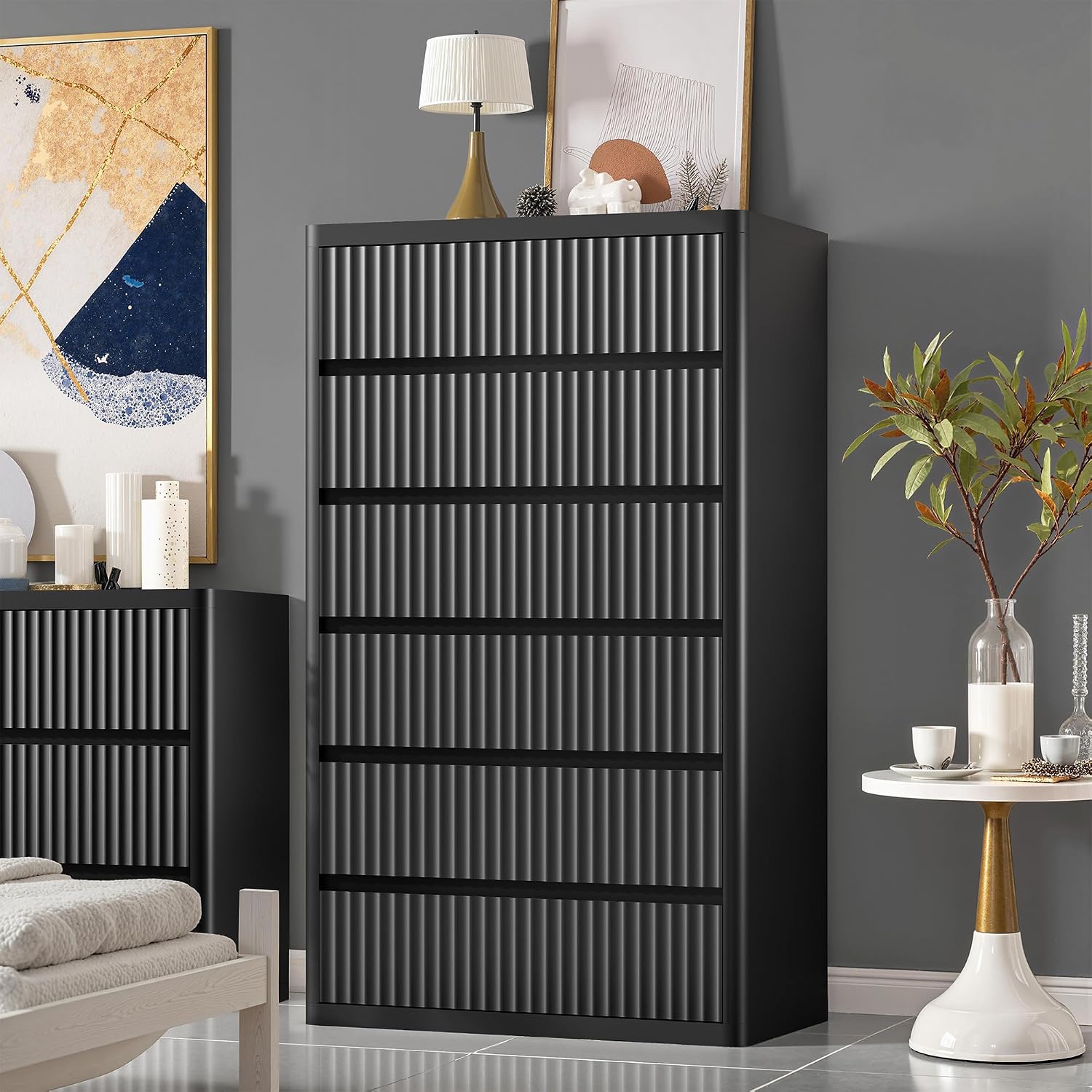 Standifurno Black 56' Tall Dresser for Bedroom, Fluted Modern 6 Drawers Deep Dressers, Wood Chest of Drawers with Handleless, Curved Profil Storage Closet Dressers for Bedroom, Living Room, Hallway