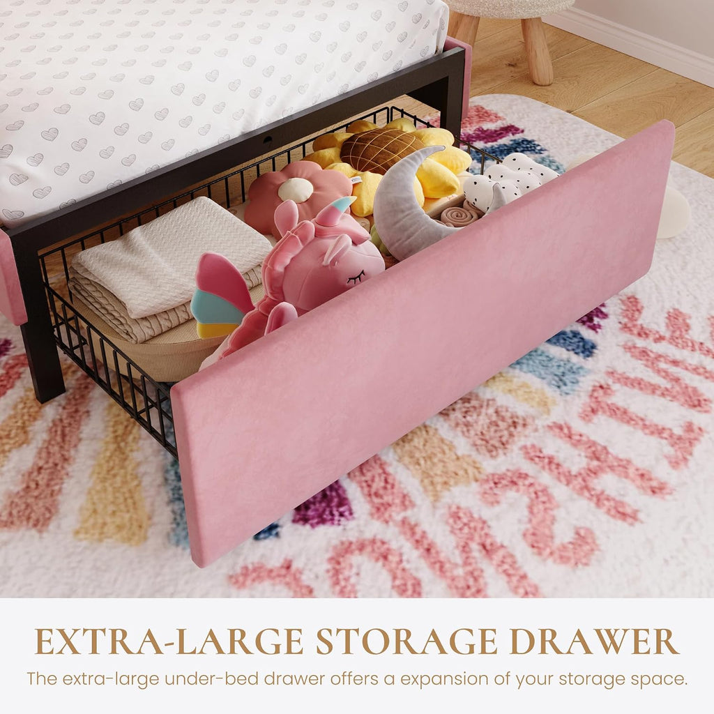 SHA CERLIN Upholstered Twin Size Bed Frame with LED Lights and Large Storage Drawer, Velvet Platform Bed with Adjustable Wavy Headboard, Noise Free, Easy Assembly, No Box Spring Needed, Soft Pink