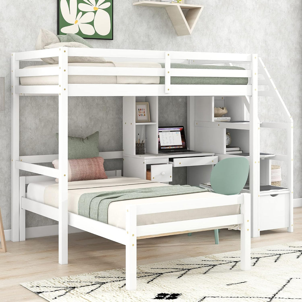 Harper & Bright Designs Twin Over Twin Bunk Bed with Desk, Heavy Duty Wood Loft Bedframe W/Shelves,Easy Assembly,Versatile Functional Bedroom Furniture Set for Boy Girl Teens,White