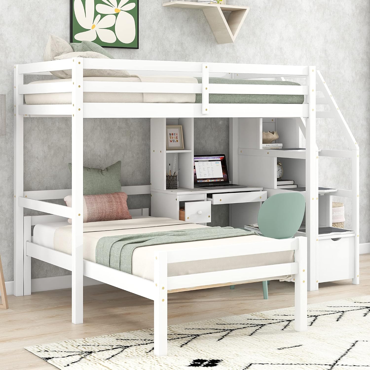 Harper & Bright Designs Twin Over Twin Bunk Bed with Desk, Heavy Duty Wood Loft Bedframe W/Shelves,Easy Assembly,Versatile Functional Bedroom Furniture Set for Boy Girl Teens,White