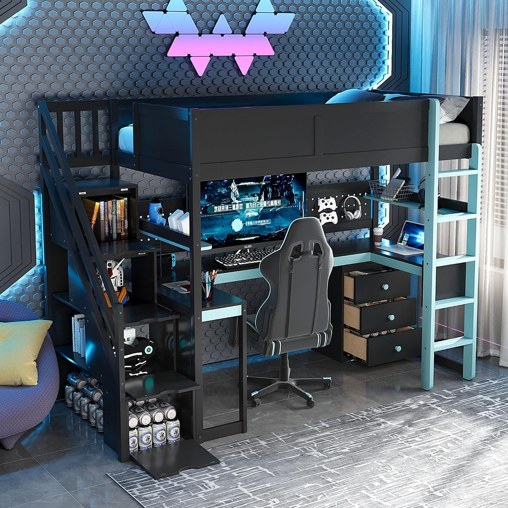 Ball & Cast Gaming Twin Size Loft Bed with Storage Stairs,Wood Gamer Loft Bed Frame W/Desk,Shelves and Pegboard,High Loft Bed W/Full-Length Guardrail,Bedroom Furniture for Student Dorms,Black+Blue
