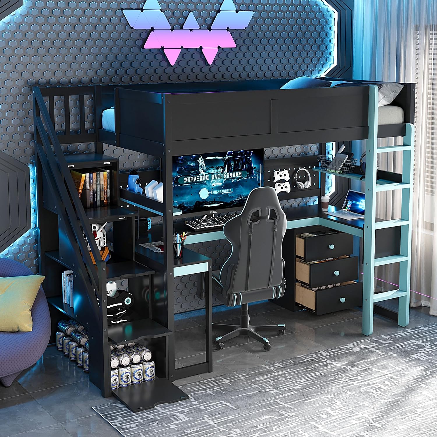 Ball & Cast Gaming Twin Size Loft Bed with Storage Stairs,Wood Gamer Loft Bed Frame W/Desk,Shelves and Pegboard,High Loft Bed W/Full-Length Guardrail,Bedroom Furniture for Student Dorms,Black+Blue