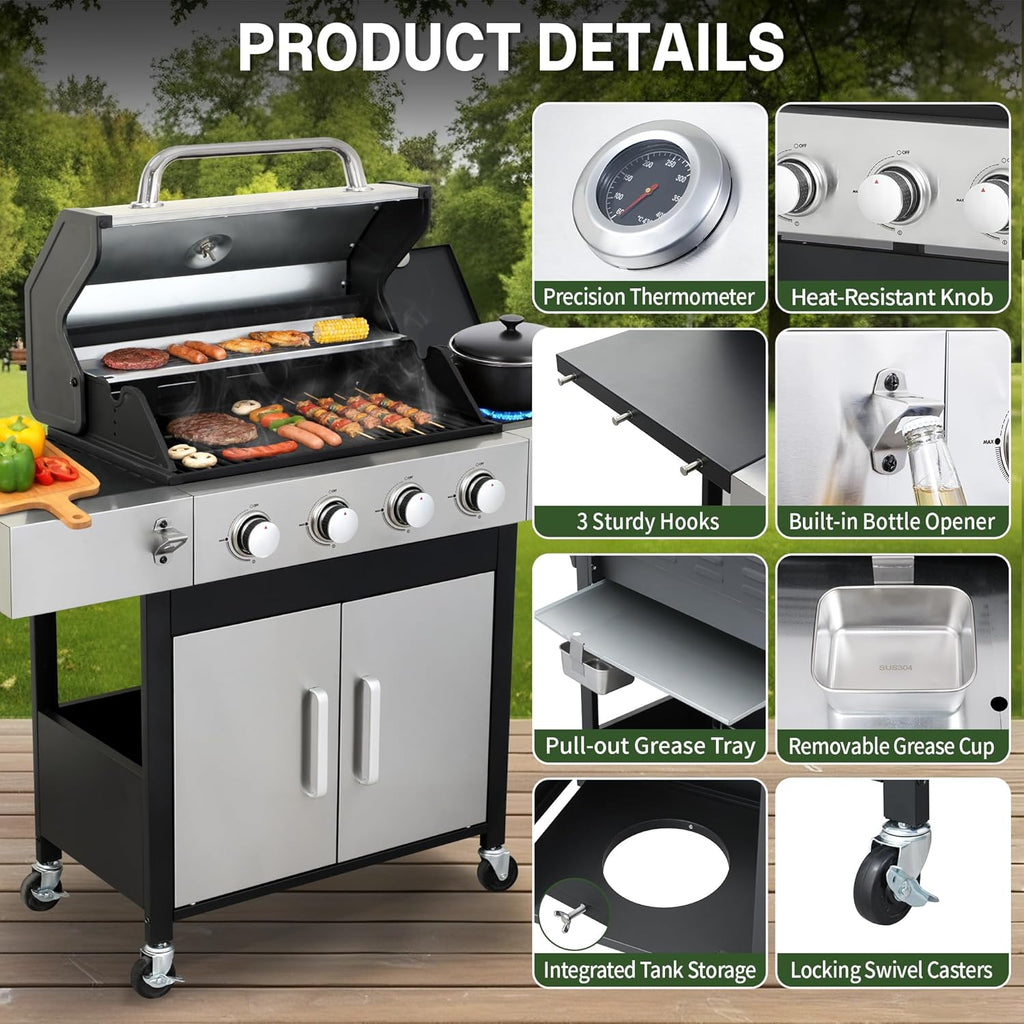 Gas Grill and Griddle Combo with Side Burner, 4-Burner Propane Grill with Porcelain-Enameled Cast Iron Grates and Double-Wall Insulated Lid, 49,000 BTU BBQ Grill for Outdoor Cooking