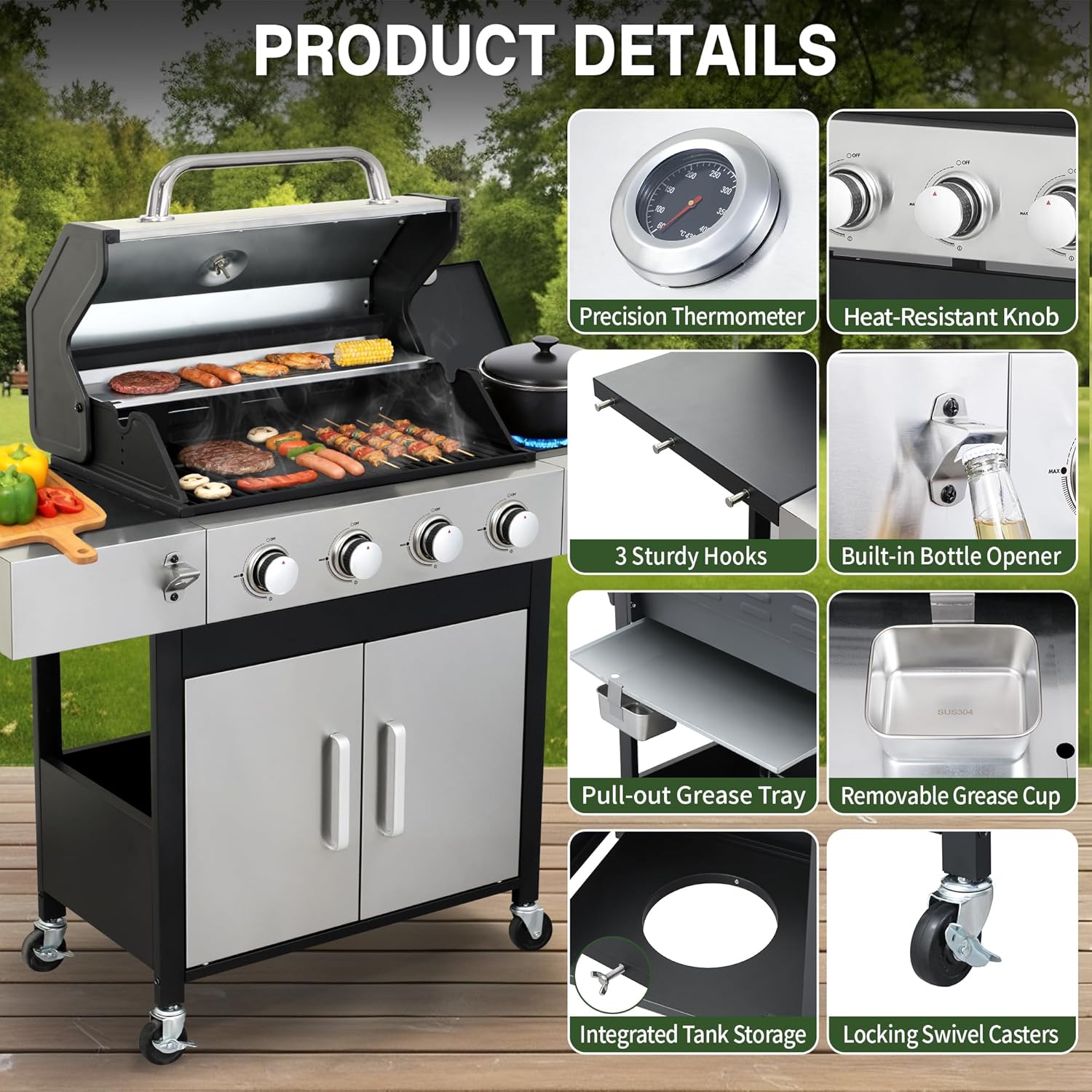 Gas Grill and Griddle Combo with Side Burner, 4-Burner Propane Grill with Porcelain-Enameled Cast Iron Grates and Double-Wall Insulated Lid, 49,000 BTU BBQ Grill for Outdoor Cooking