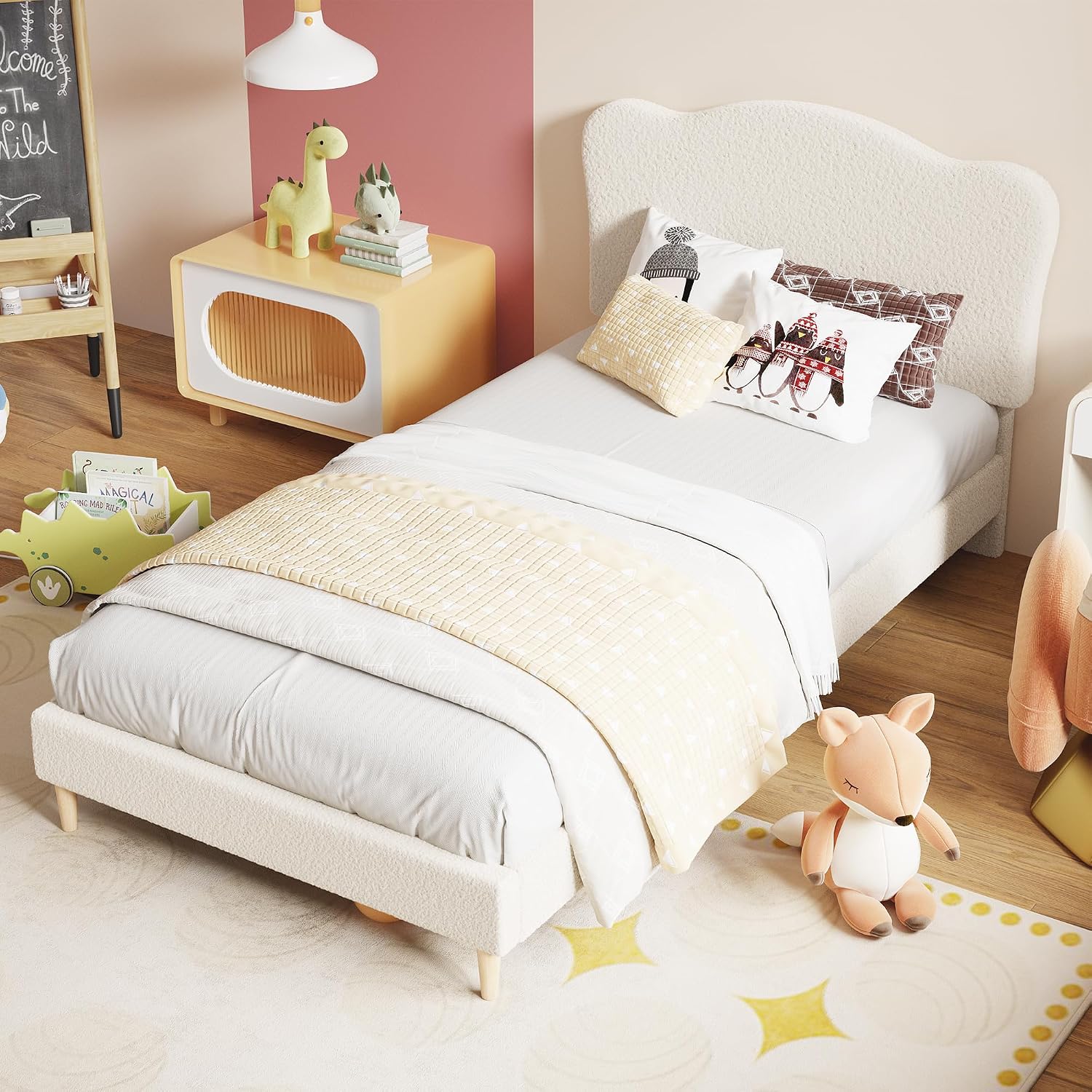 GarveeHome Upholstered Full Size Bed Frame for Kids with Scallop Headboard, Cute Velvet Full Bed for Girls, Boys, Sturdy Platform Bed, No Box Spring Needed, Wooden Slats, Noise Free, Beige