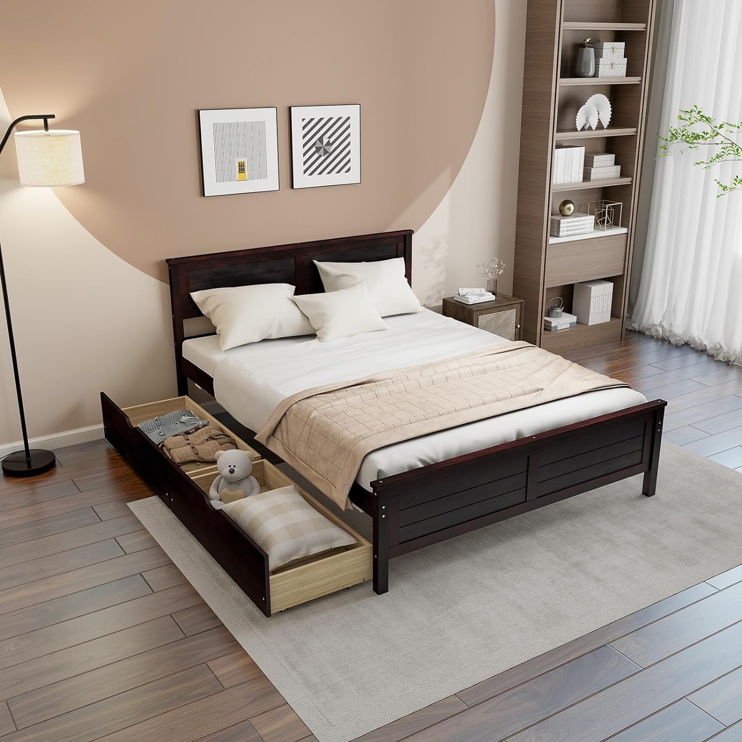 Giantex Wood Full Size Bed Frame with 2 Storage Drawers, Solid Wood Platform Bed with Headboard, Wooden Slats Mattress Foundation, No Spring Needed, Full Bed Frame for Kids, Teens, Adults, Espresso