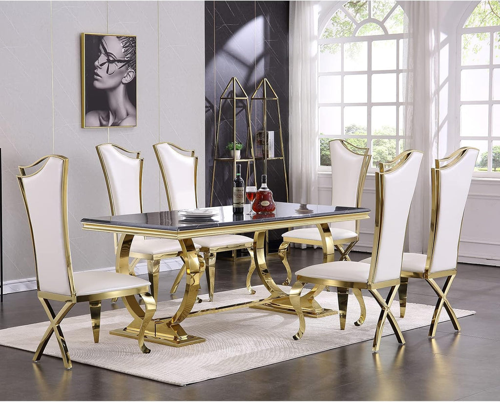 ACEDÉCOR 7 Piece Dining Table Set for 6, Gold Kitchen and Dining Room Table Set with U-Shaped Base Dining Table and 6 White Leather Upholstered Dining Chairs