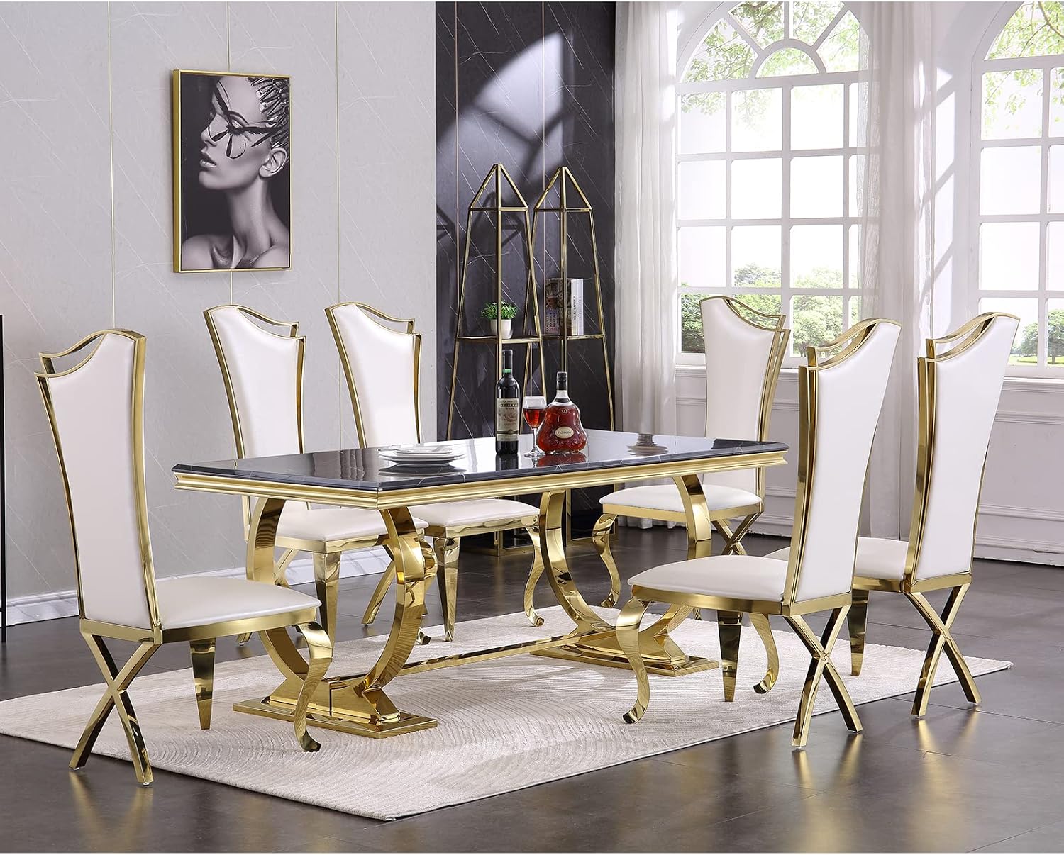 ACEDÉCOR 7 Piece Dining Table Set for 6, Gold Kitchen and Dining Room Table Set with U-Shaped Base Dining Table and 6 White Leather Upholstered Dining Chairs