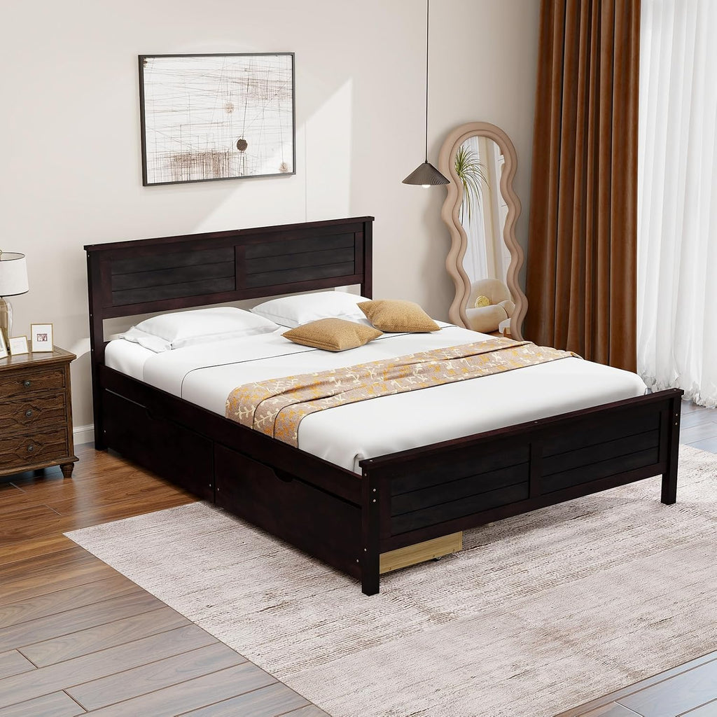 Giantex Wood Full Size Bed Frame with 2 Storage Drawers, Solid Wood Platform Bed with Headboard, Wooden Slats Mattress Foundation, No Spring Needed, Full Bed Frame for Kids, Teens, Adults, Espresso