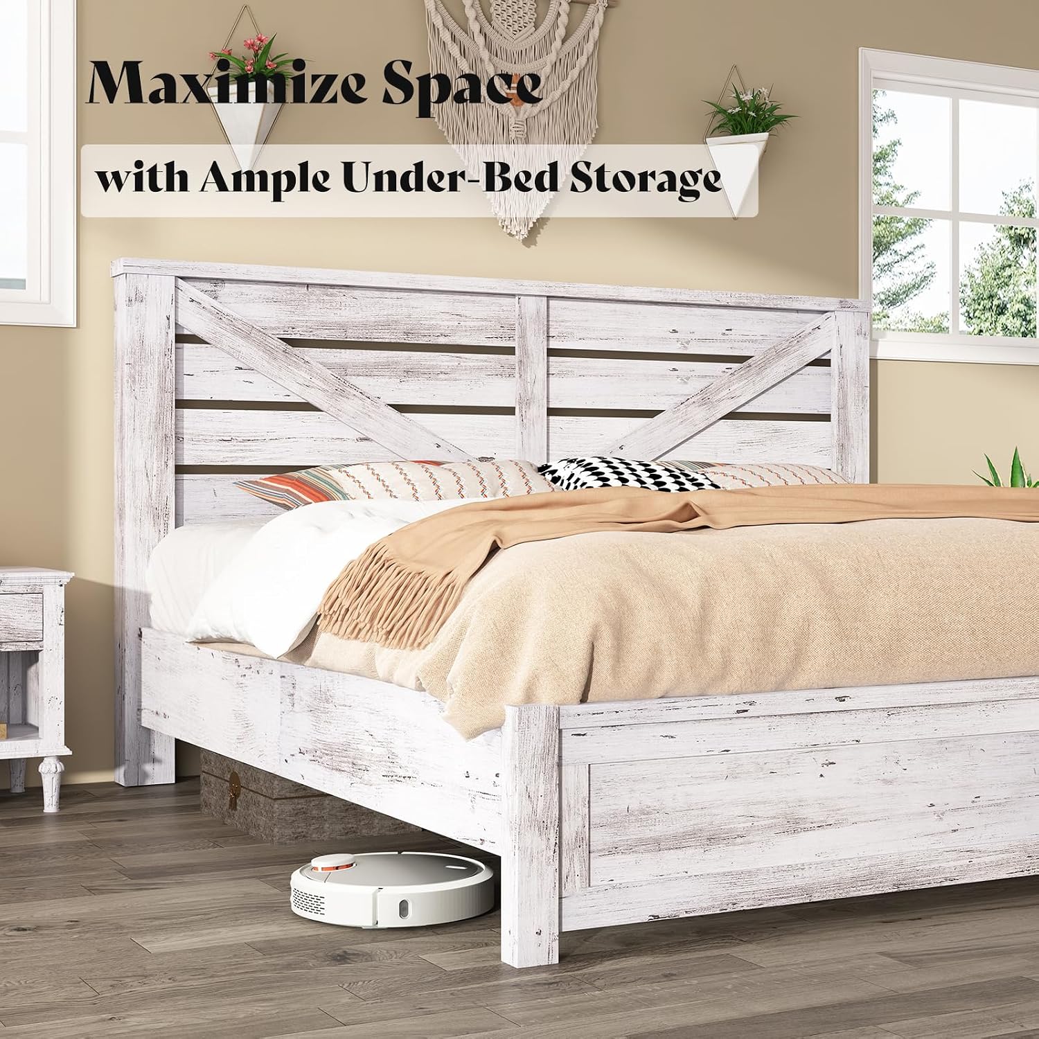 AMERLIFE King Size Bed Frame with 49.2' Barn Door Headboard and Footboard, Farmhouse Platform Bed Frame with Wood Slats, No Box Spring Needed, Under Bed Storage, Distressed White