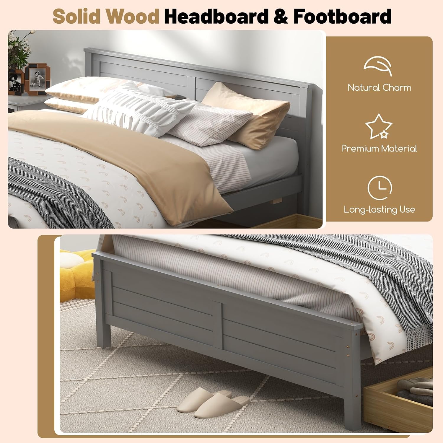 GOFLAME Full Size Bed Frame with 2 Drawers, Platform Bed with Solid Wood Headboard & Footboard, Wood Slats Support Mattress Foundation, Under Bed Storage, No Box Spring Needed, Easy Assembly, Grey
