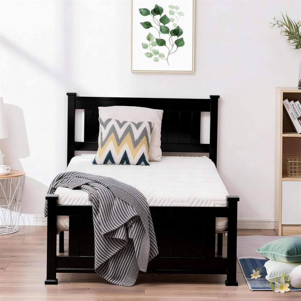Bonnlo Twin Size Solid Wood Platform Bed Frame, Single Bed with Headboard, No Box Spring Needed Panel Bed, Wood Slat Support Mattress Foundation,Black