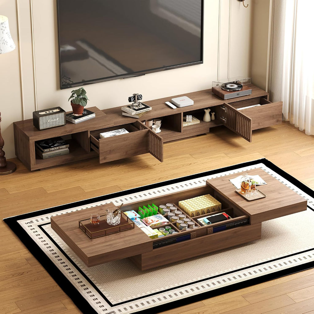 Mid-Century Modern TV Stand & Expandable Coffee Table Set, Walnut Finish, Stylish Storage Combo for Living Room or Bedroom (78.54' to 103' TV Stand+Coffee Table)
