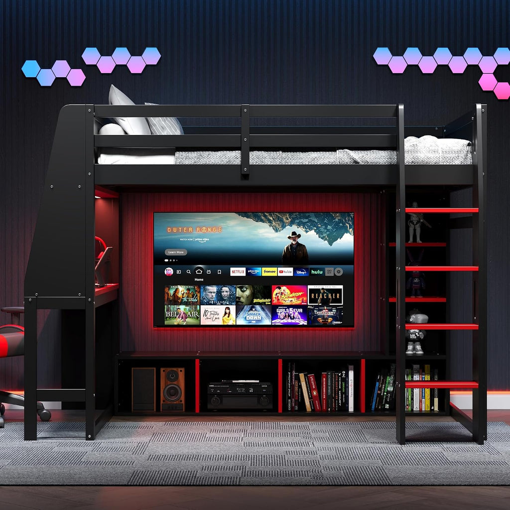 MERITLINE Full Gaming Loft Bed with Desk and Storage,TV Stand & LED RGB, Solid Wood Gaming Bed with Storage Shelves,TV Cabinet and Clothes Rack, for Adults Teens