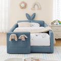 VilroCaz Twin Size Upholstered Platform Bed with Safety Guardrail and Cute Rabbit Ear Shaped Headboard, Boucle Fabric Montessori Kids Bed with Pocket and Sturdy Slats Support (Baby Blue-7.24)