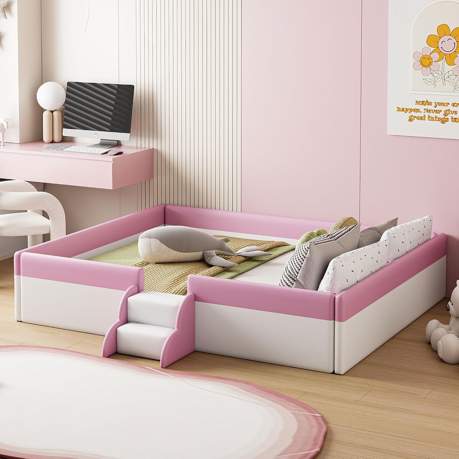 VilroCaz Queen Size Upholstered Daybed Frame with Fence and Stairs, Montessori Kids Floor Bed with Sturdy Slat Support for Kids Boys Girls