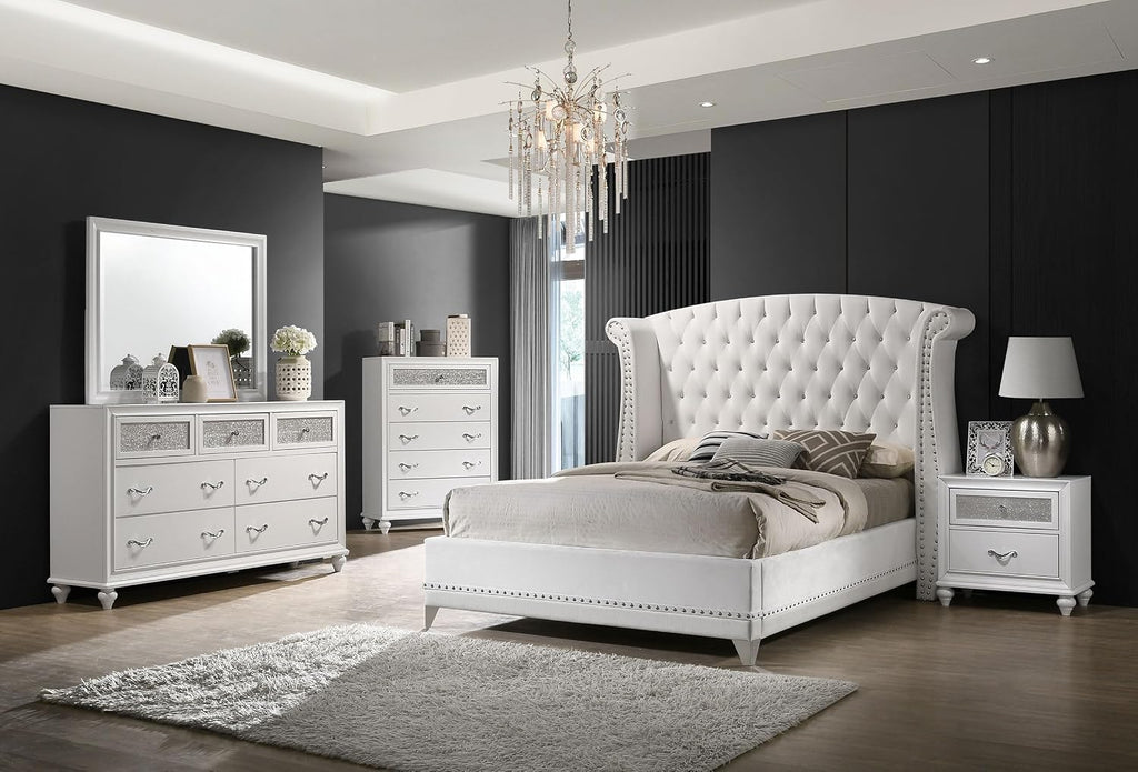 Coaster Home Furnishings Barzini Modern Classic 5-Piece Bedroom Set Velvet Upholstered Queen Size Wingback Bed Frame 63-inch Headboard White 300843Q-S5