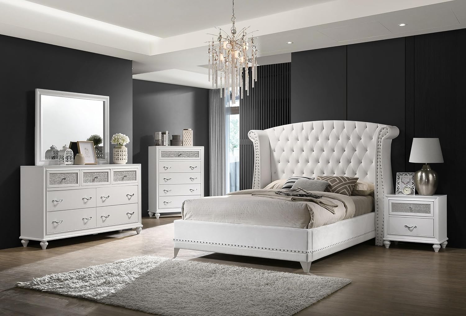 Coaster Home Furnishings Barzini Modern Classic 5-Piece Bedroom Set Velvet Upholstered Queen Size Wingback Bed Frame 63-inch Headboard White 300843Q-S5