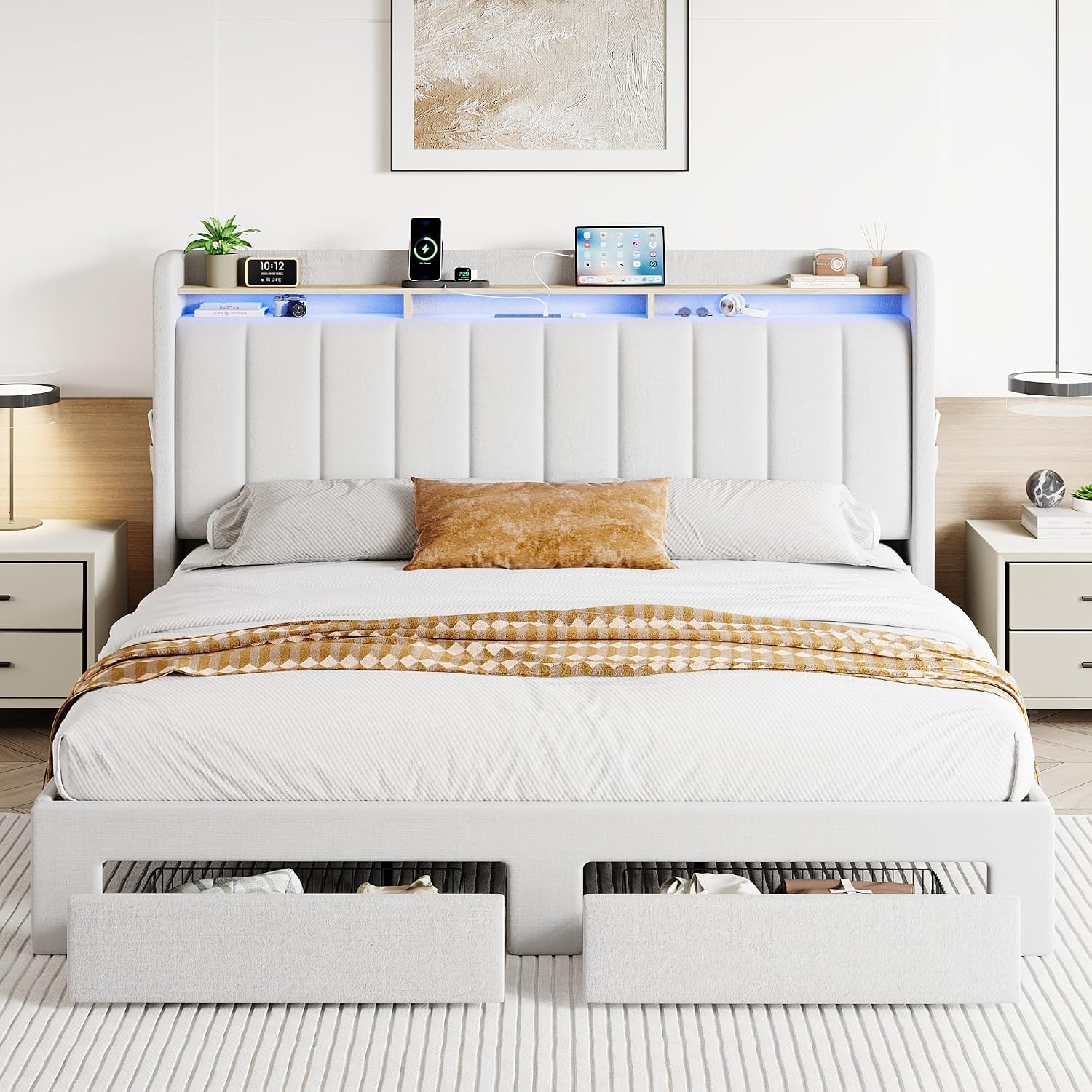 SHA CERLIN Velvet King Size Bed Frame with Vertical Channel Tufted Wingback Headboard & 2 Storage Drawers/2-Tier Shelves with LED Lights & Charging Station/Noise-Free/No Box Spring Needed/White