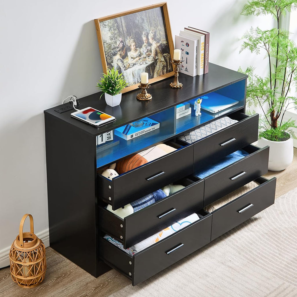 LIDYUK Black Dresser for Bedroom, 6 Drawer Dressers & Chests of Drawers, Modern Wood Dresser with Charging Station and LED Lights, 48 Inch Wide Chest of Drawers for Bedroom, Hallway, Living Room