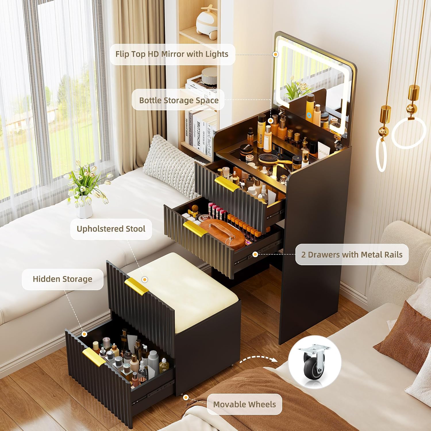 Lvifur 3 in 1 Vanity Desk with Plip Top Mirror,Black Small Makeup Vanity Set with Visible Glass Desktop,Compact Vanity with 3 Drawers,Storage Compartment and Padded Stool,Dressing Table for Bedroom