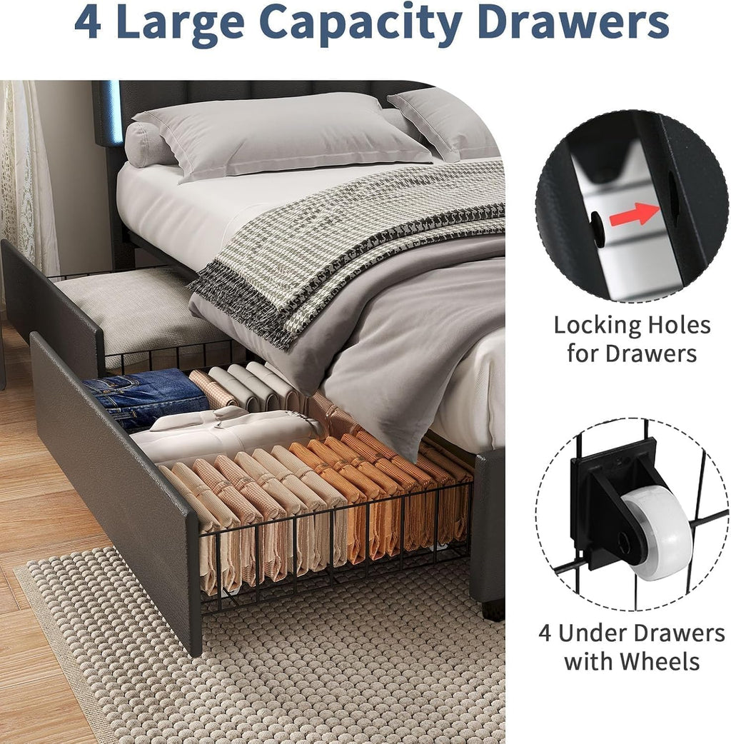IMMERSTABLE Queen Size Bed Frame with Headboard and 4 Storage Drawers, Faux Leather Upholstered Platform Bed with LED Lights, Metal and Wood Slats, No Box Spring Needed, Easy Assembly, Black