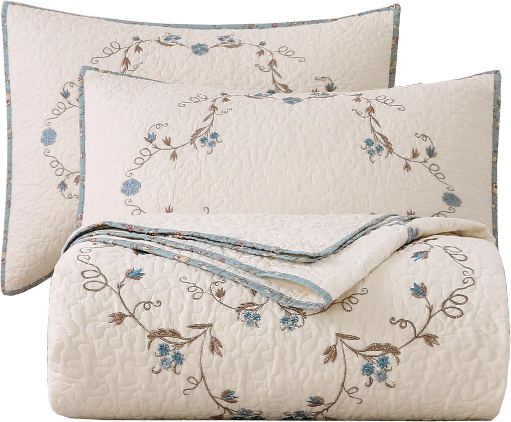 vctops 3-Piece Elegant Floral Embroidered Bedspread Coverlet Set Oversize Queen 100% Cotton Reversible Patchwork 1 Quilt and 2 Pillow Shams (Flower B,Oversize Queen)