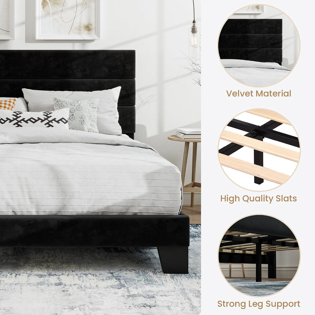 SHA CERLIN Full Platform Bed Frame with Velvet Upholstered Headboard, Mattress Foundation with Strong Wooden Slats Support, No Box Spring Needed, Black