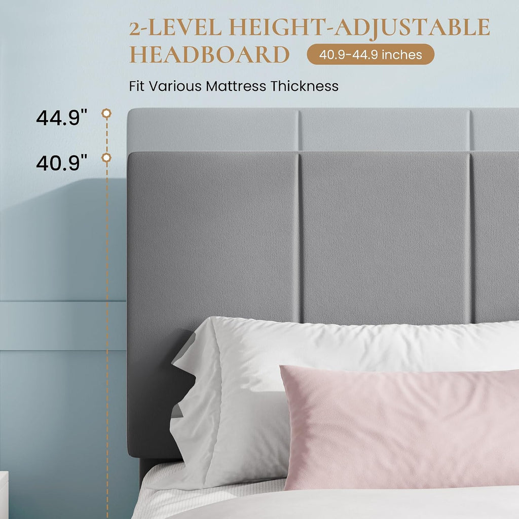 SHA CERLIN Full Size Bed Frame, Velvet Upholstered Platform Bed, Vertical Channel Tufted Adjustable Headboard, Low Profile Bed Frame, No Box Spring Needed, Easy Assembly, Grey