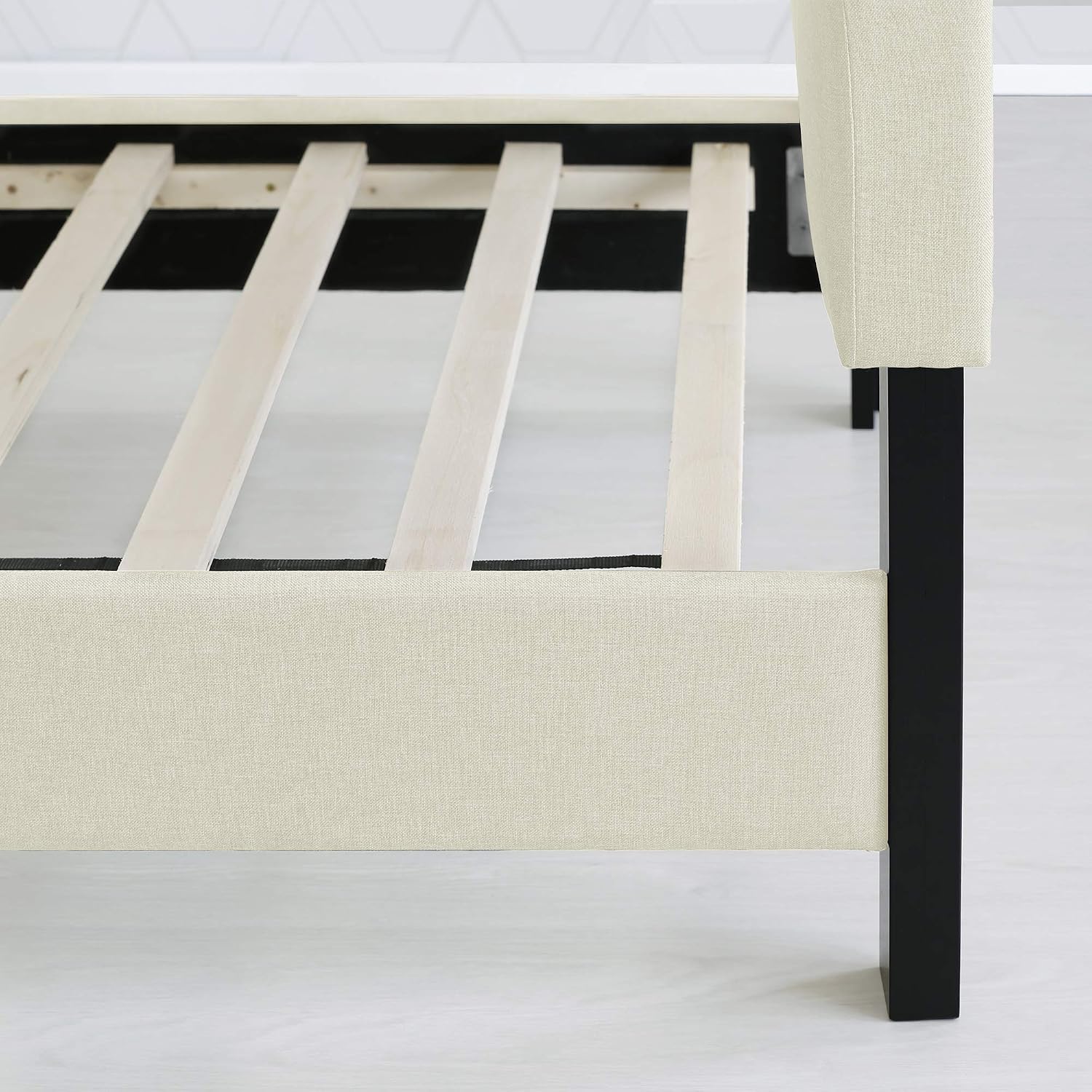 Furinno Laval Double Row Nail Head Upholstered Platform Bed Frame, Full, Linen