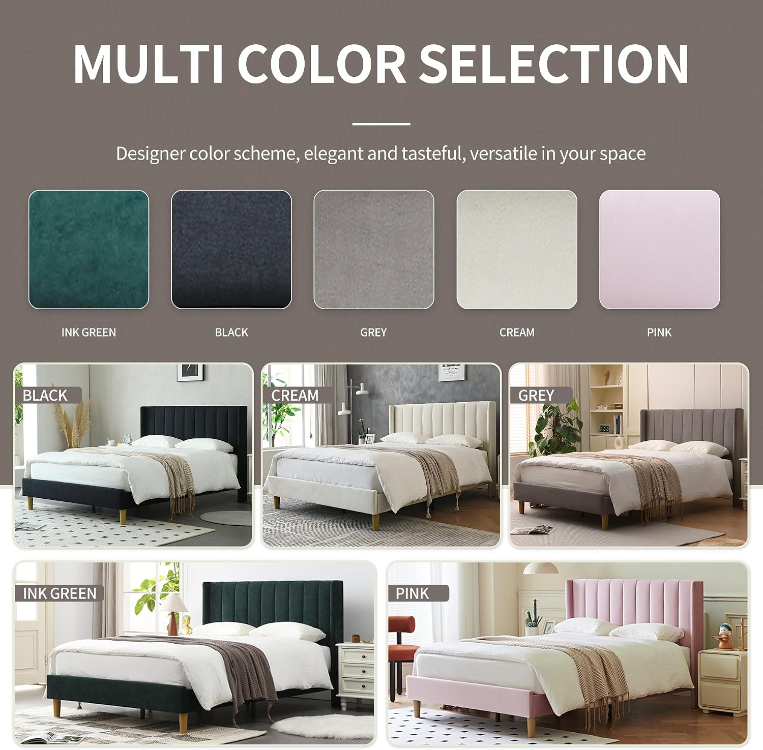 YUHUASHI upholstered Platform Bed Frame/Full Bed Frame/Modern Geometric Double-Wing Design headboard/Velvet Fabric/Easy to Assemble no Noise (Cream, Full)