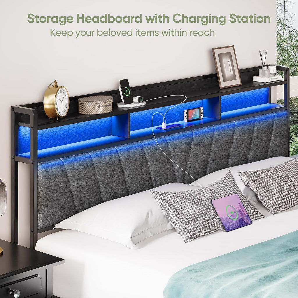 King Bed Frame with Wood Headboard, Metal Platform Bed with LED Lights & Charging Station, 2-Tier Storage Shelves, Sturdy and Easy Assembly, Under Bed Space, No Box Spring Needed, Noise Free, Black