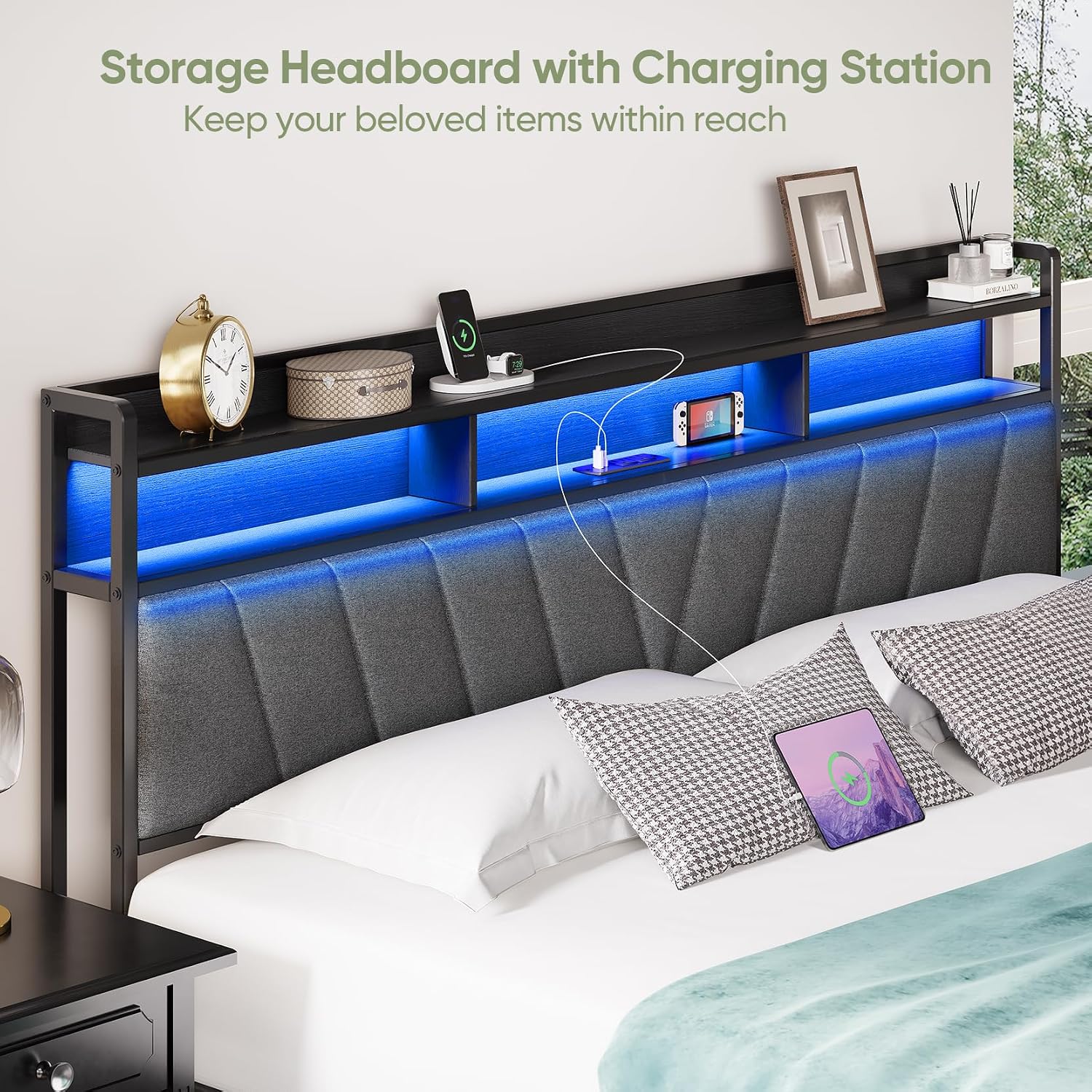 King Bed Frame with Wood Headboard, Metal Platform Bed with LED Lights & Charging Station, 2-Tier Storage Shelves, Sturdy and Easy Assembly, Under Bed Space, No Box Spring Needed, Noise Free, Black