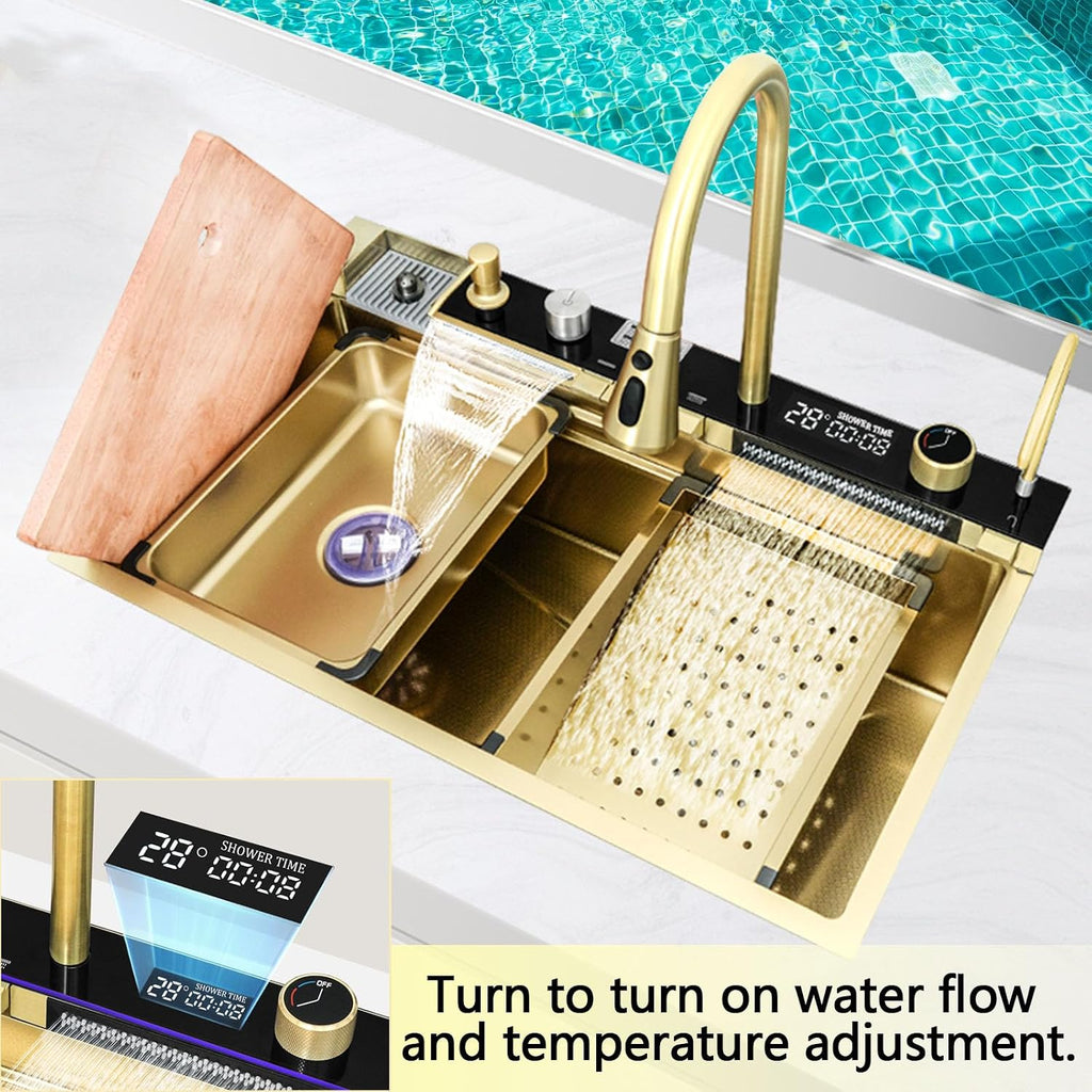 Kitchen sinks with multifunctional kitchen faucet, Gold stainless steel sink with cup washer, waterfall kitchen sink gray with complete accessory set (29.5'x18'x9', Gold)