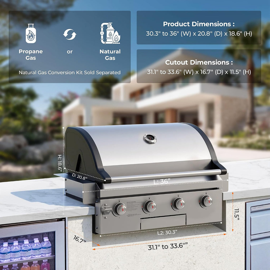 Flintex 30-inch Built-in BBQ Gas Grill (NG/LPG Convertible), 4-Burner Outdoor Kitchen Gas/Propane Grill with Griddle Combo, Stainless Steel Built-in Outdoor BBQ Grill for Outdoor Kitchen