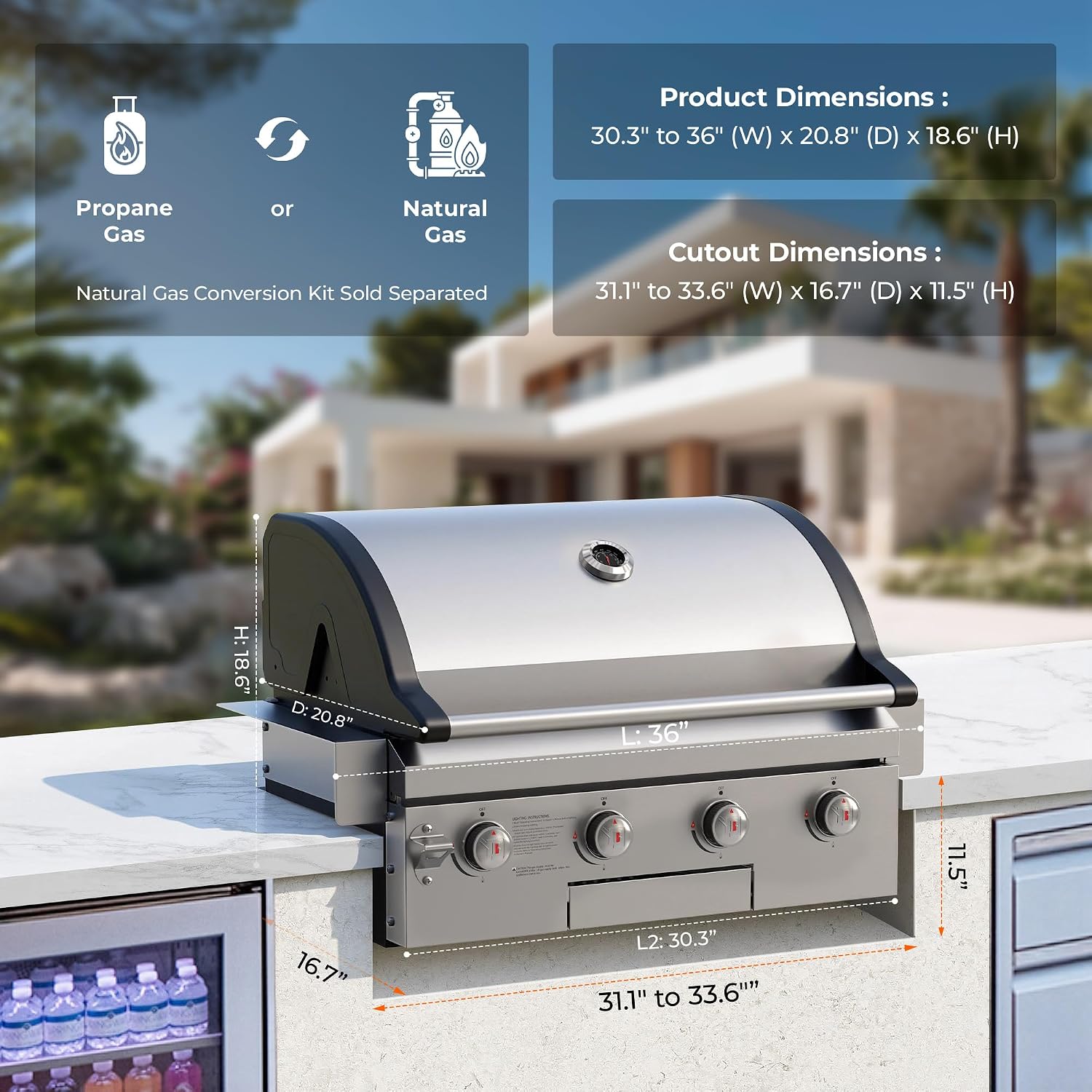 Flintex 30-inch Built-in BBQ Gas Grill (NG/LPG Convertible), 4-Burner Outdoor Kitchen Gas/Propane Grill with Griddle Combo, Stainless Steel Built-in Outdoor BBQ Grill for Outdoor Kitchen
